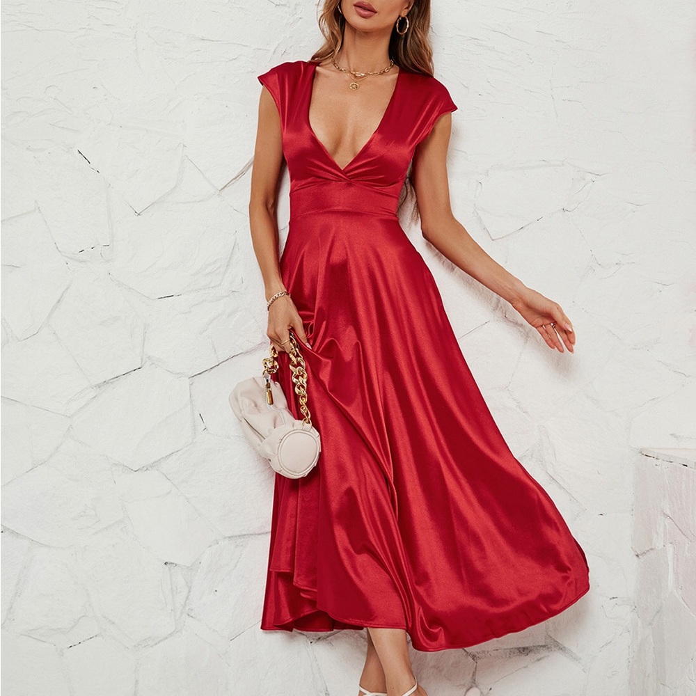 Elegant Red Satin V-Neck Midi Dress
